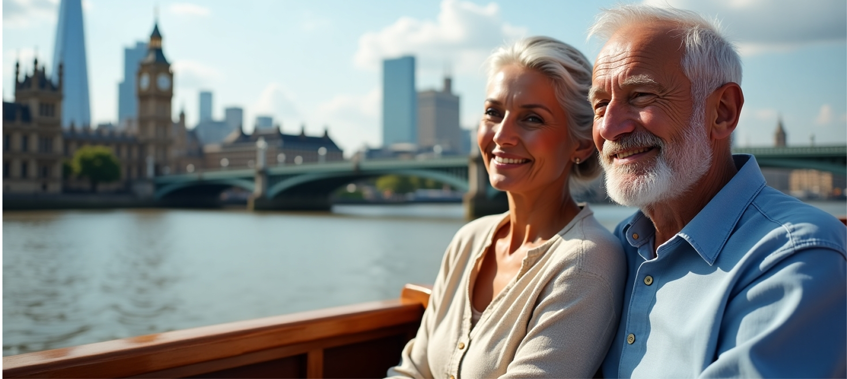 Couple smiling by riverside in London